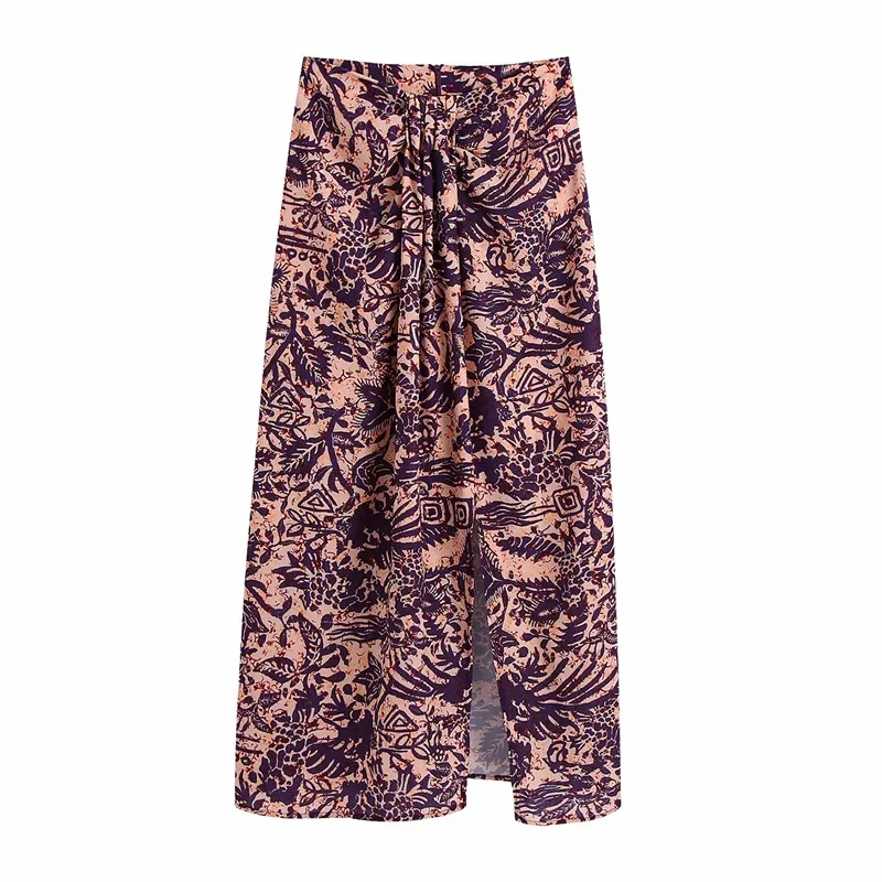 

Women Beach Sarong Skirt Za 2021 High Waist Long Skirts Woman Fashion Knot Midi Skirt Vintage Print Slit Summer Skirts