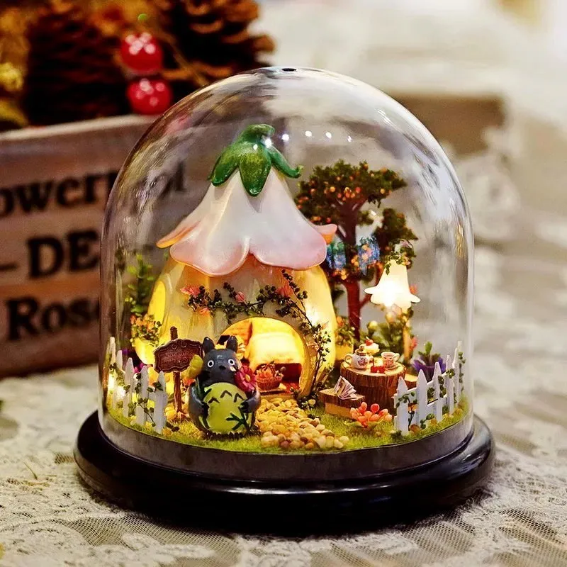 mini doll house diy totoro small handmade wooden miniature assembly doll house glass ball dollhouse decoration kit green garden free global shipping