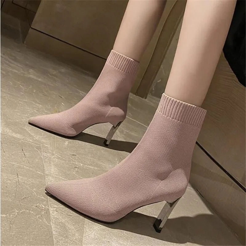 

Black Knitting Elastic Women Socks Boots Shoes Elegant Metal Thin High Heel Pointed Toe Ankle Boots for Women
