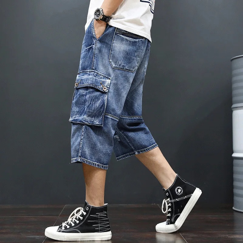 Мужские уличные летние хлопковые джинсовые шорты ниже колена Свободные