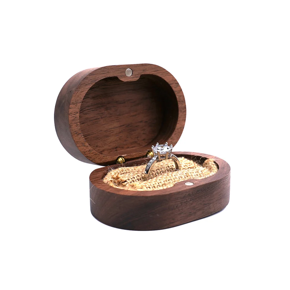 

New Wedding Ring Box Wood Retro Jewelry Box for Proposal Rustic Walnut Engagement Ring Holder with Burlap Inside Gift for Women