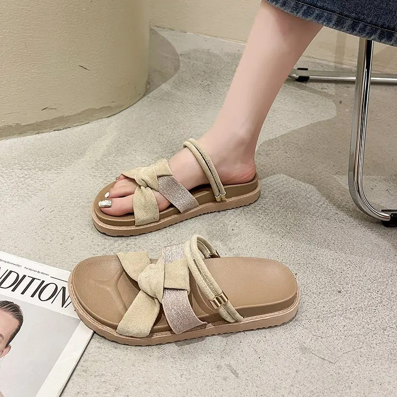 

Flock Slippers Soft Low Shoes Platform Slides Fashion Slipers Women Comfort Flat Summer Luxury 2021 PU Bonded Leather Scandals B