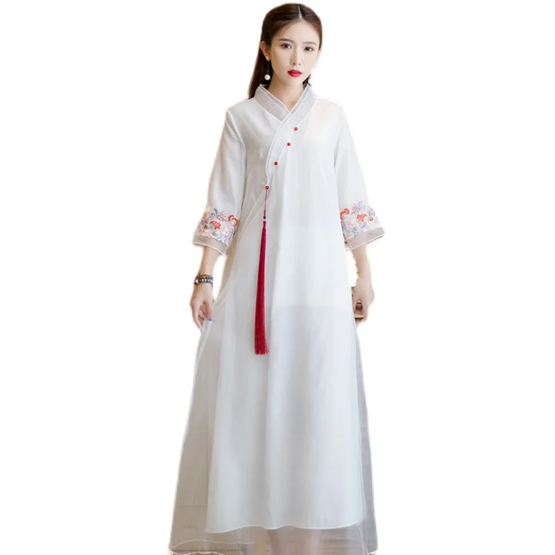 

Improved Hanfu Dress For Women Chinese Style Vintage Embroidered Sleeve Loose White Mesh A-Line Midi Dress Female Retro Vestidos