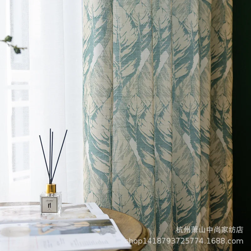

American Custom for Living Dining Room Bedroom Cortinas Estampadas Modernas Window Curtain Green Semi-shading Cotton and Linen