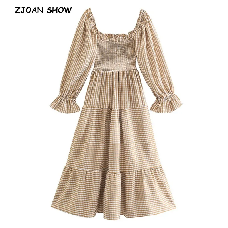 

2021 CHIC Checkred Plaid Elastic Ruched Chest Puff Sleeve Swing Dress Women Back Tie Bow Midi Long Vestido Robe