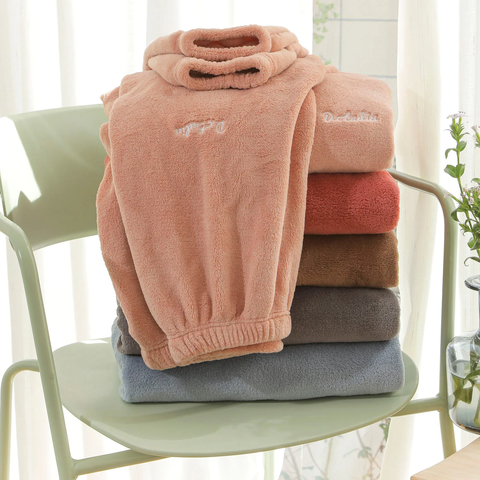 

2020 Autumn Winter Warm Flannel Women Pyjamas Sets Thick Coral Velvet Long Sleeve Solid Sleepwear Flannel Pajamas Set Girl #119