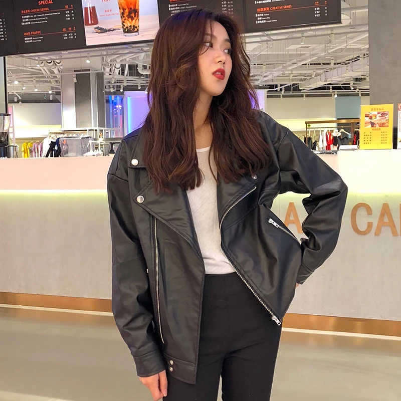 Korean Women PU Leather Jacket Oversized Chic Leather Biker Jacket Women Chaqueta Cuero Mujer Veste Cuir Femme