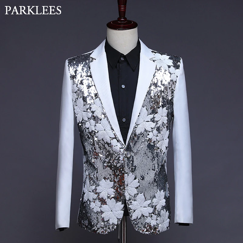 

Floral Sequin Mens Blazers Jacket Black and White Splice Men Suit Jackets Wedding Party Men Coat Blazer Dance Stage Costume 2XL