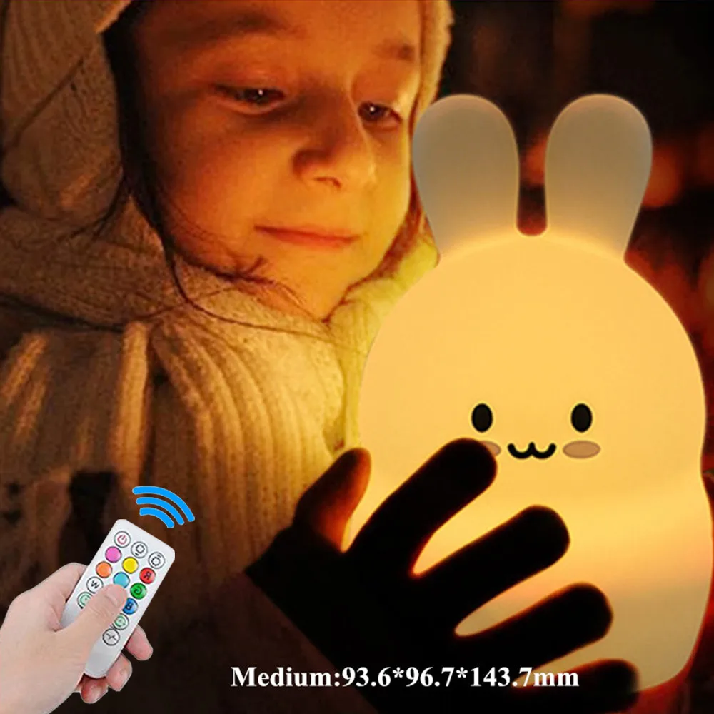 

Rabbit RGB LED Night Light Touch Sensor Remote Control Dimmable Timer USB Rechargeable Silicone Bunny Lamp for Children Baby