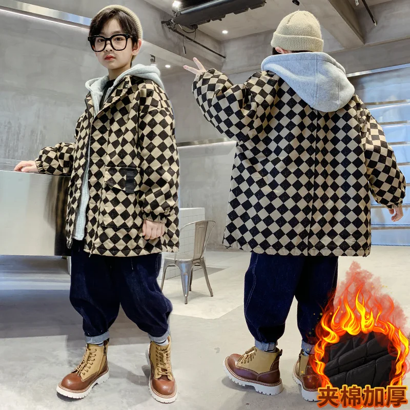 

Boy Winter Plus Cotton Jacket Plaid Print Windbreaker Thick Warm Hooded Jacket Children Parka Coat Youth Jacket Snow Jacket 5-12
