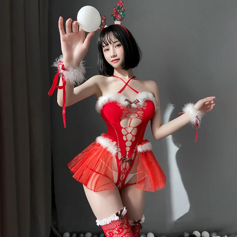 

Women Temptation Christmas Lingerie Set Elk Headband Sexy Halter Sleeveless Sheer Bodysuit Stockings Cosplay Nightwear