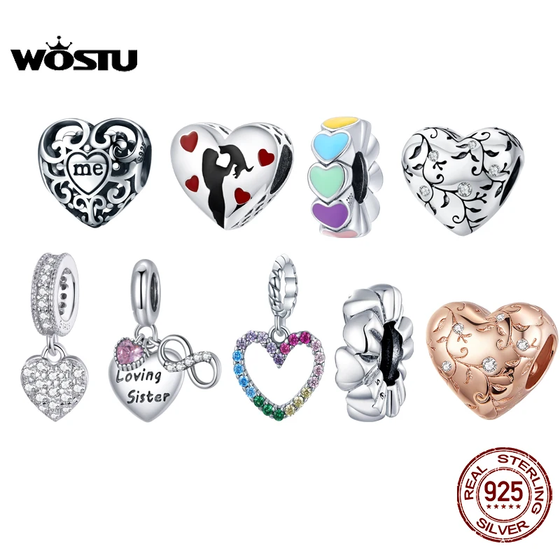 

WOSTU 925 Sterling Silver Zircon Love Beads Heart Shape Charms Pendant Fit Original Bracelets Women Fashion Making Jewelry Gift