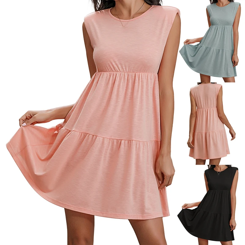 

Women Casual Summer Sleeveless Tiered Dress Empire Cute Dress with Shoulder Pad