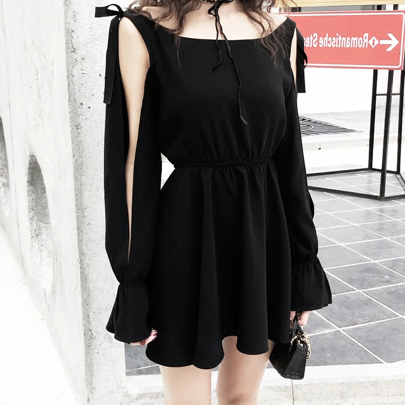 Женское мини платье Ruibbit черное ажурное с длинным рукавом в стиле панк на весну и