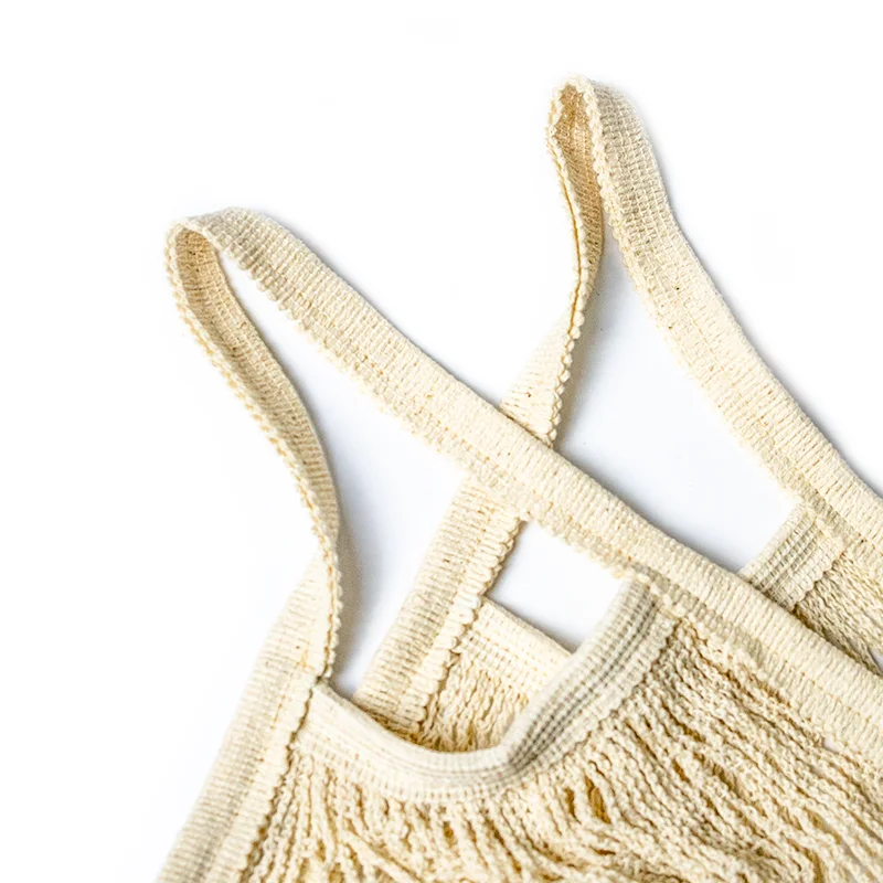 

Beige Organic Cotton Mesh Tote Bag Reusable Market Grocery Shopping Bags Fruit Net Bag