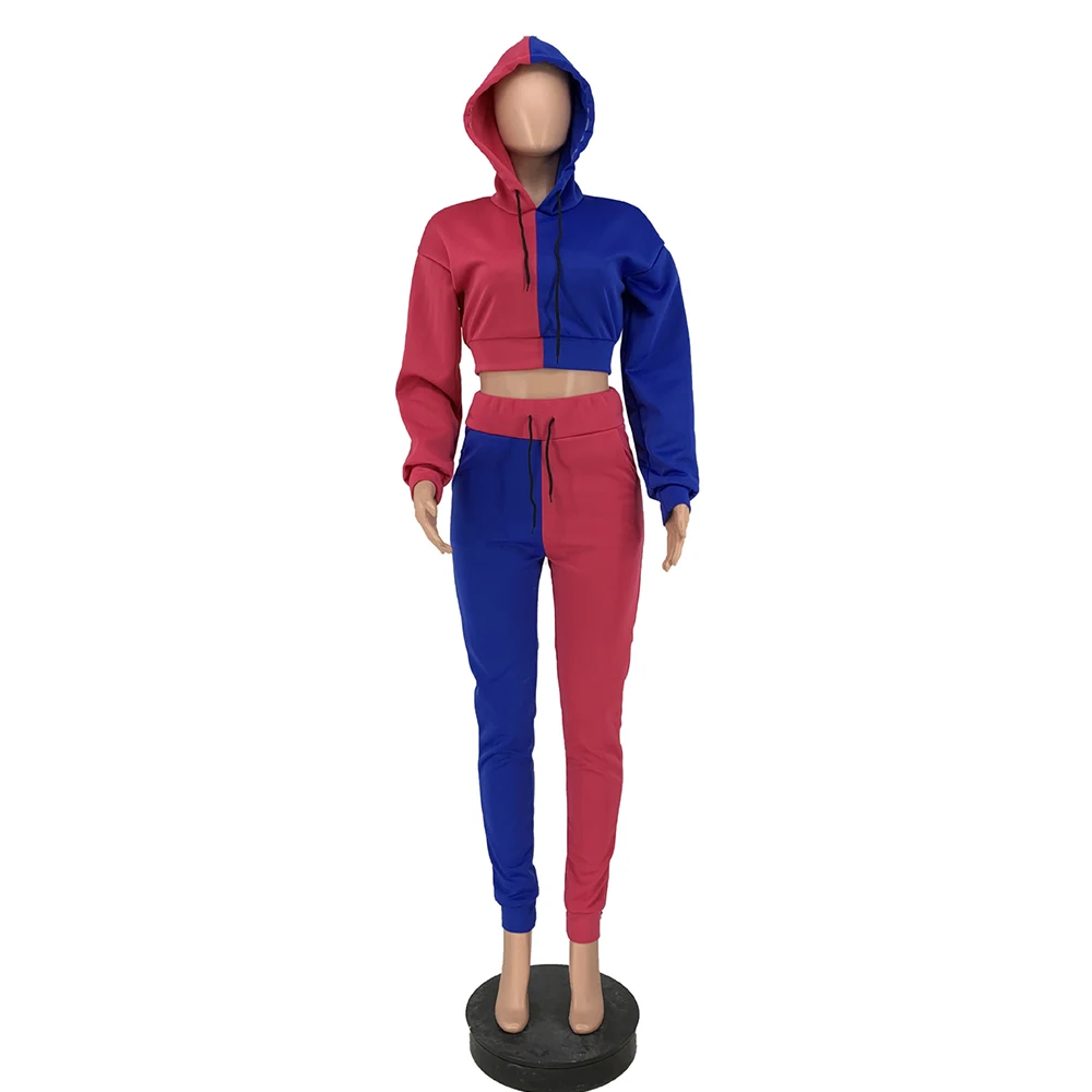 

Solid Double Color Block Two Piece Outfits Long Sleeve Pleated Hooded Corset Short Hoodie Tops Tie Feet High Waist Bandage Pants