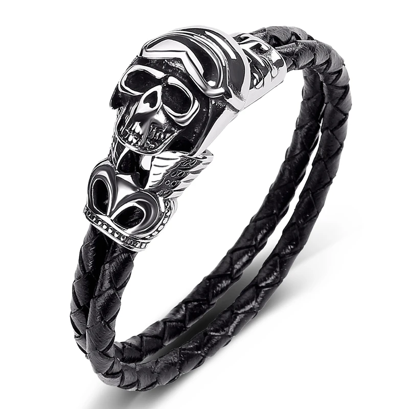 

Punk Rock Genuine Leather Handchain Bracelet Men Stainless Steel Skull Braided Male Wristbands Skeleton Jewelry Bangles P519