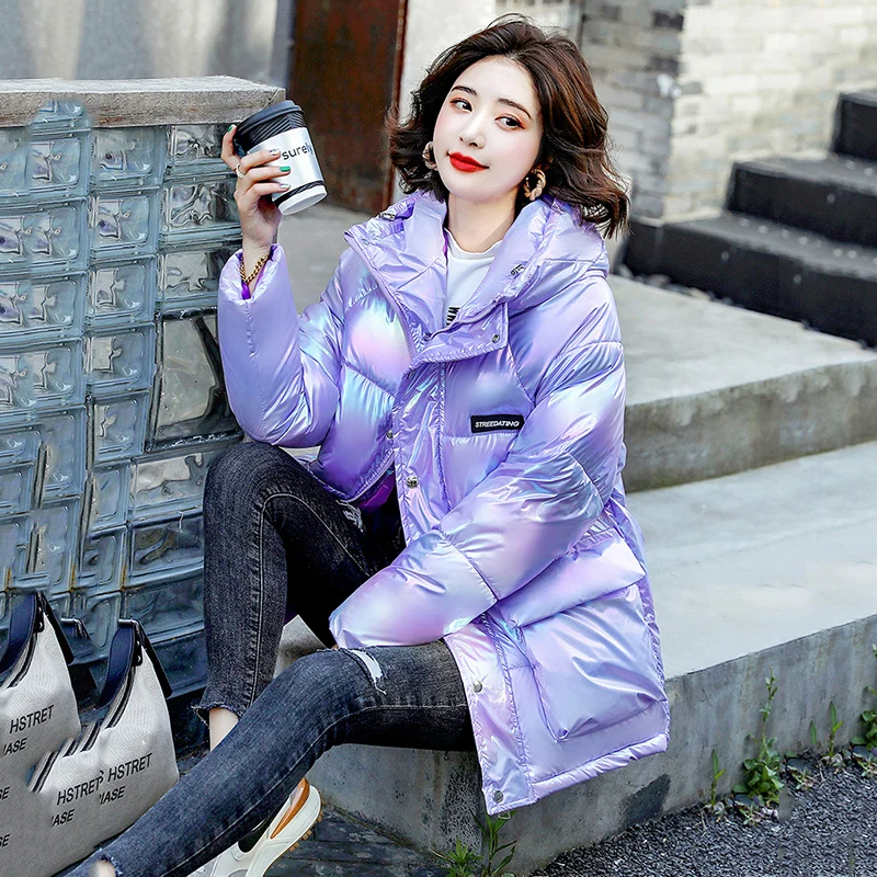 Fashion Cute Women Bright Pink Jacket Winter Warm Coats Shiny Parkas Zipper Jackets Waterproof Clothing Hooded Ladies Down Coat