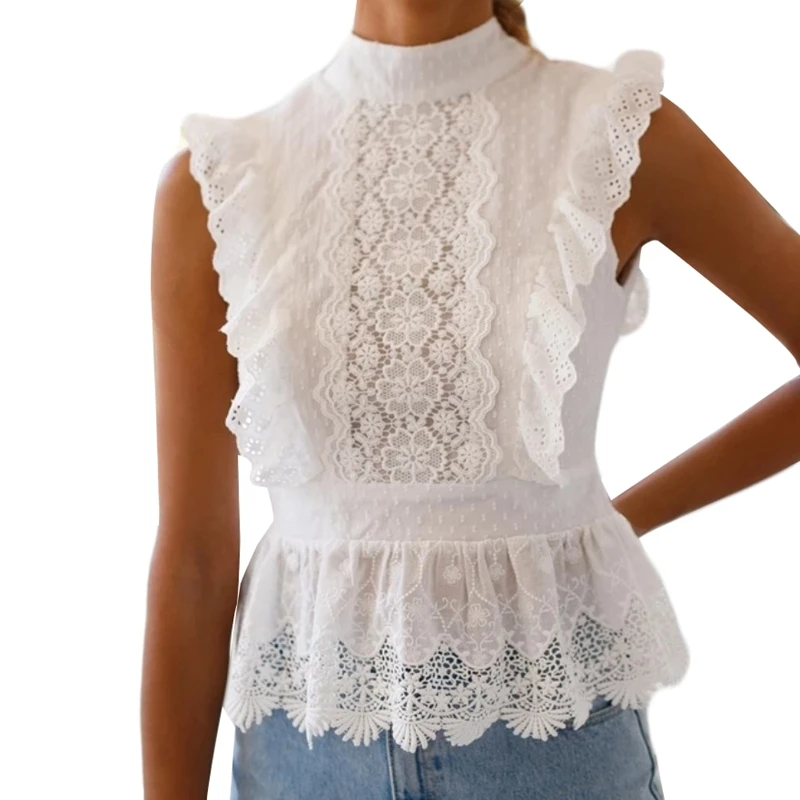 

Backless Lace Embroidery Ladies Vest Ruffled Cutout Tops Women Summer Style Street Clothing XL Size