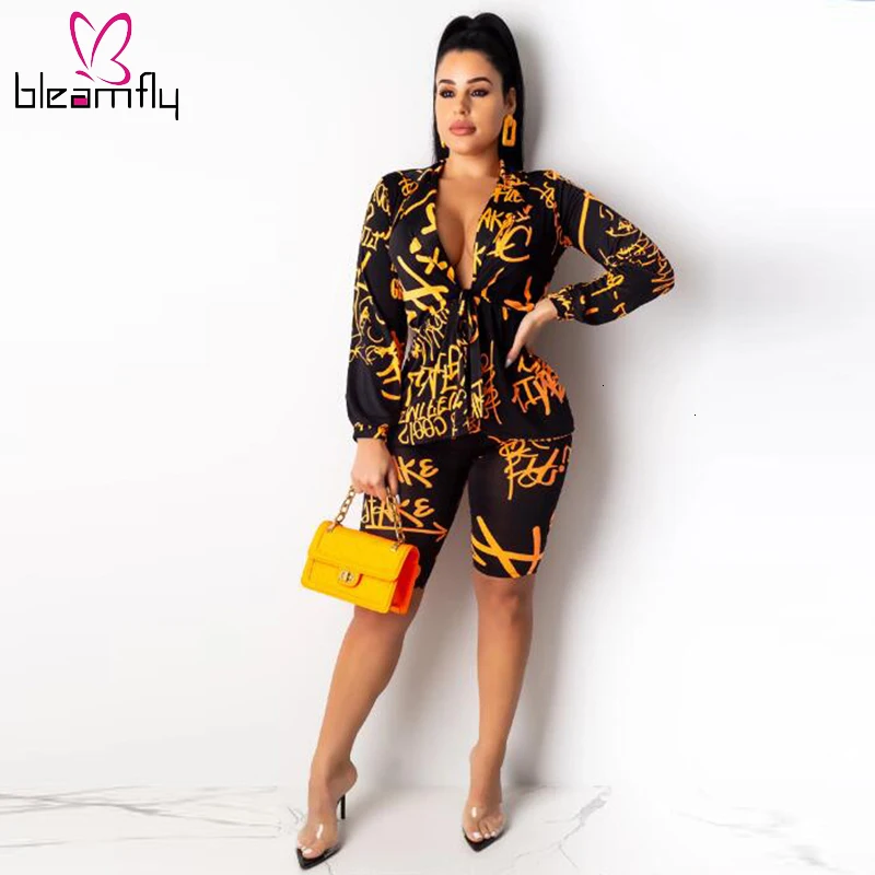 Осенний Женский комплект с буквенным принтом длинным рукавом v образным вырезом