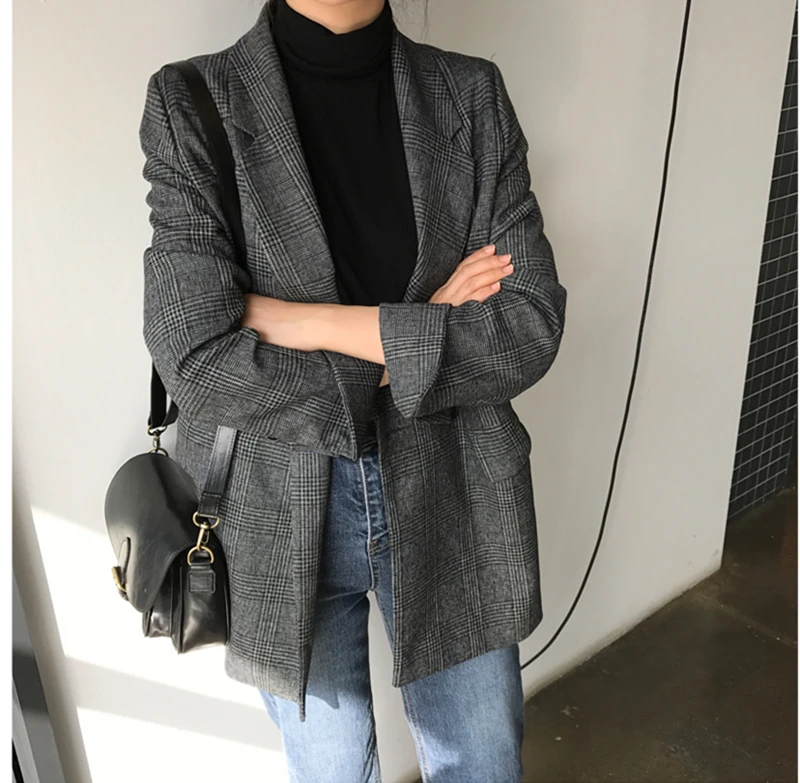 

YICIYA New 2020 Autumn Winter Women's Blazers Plaid Double Breasted Pockets Formal Jackets Notched Outerwear Tops JK7113