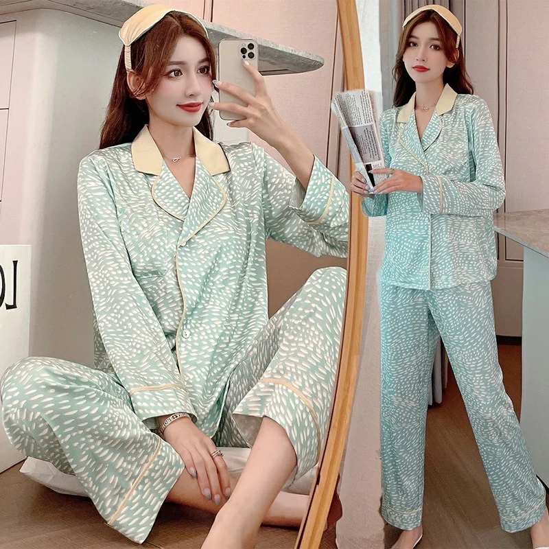 

Hot Sale Silk Pajamas Autumn and Winter Ladies Sexy Home Wear Cardigan Long-sleeved Trousers Two-piece Casual Girls Loose