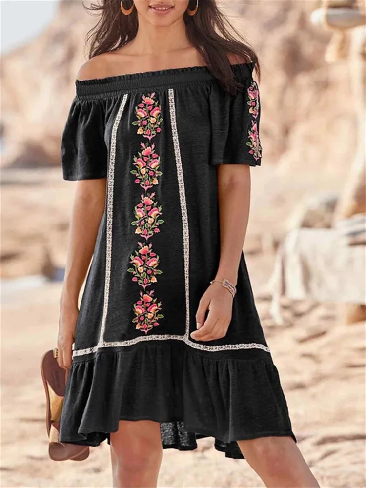 

2021 summer fashion new style ethnic style elegant embroidery one-shoulder dress women