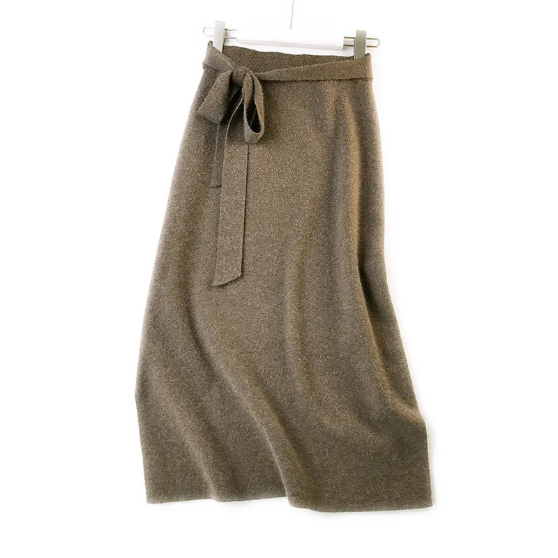 Высокая талия сплит юбки с завязками для женщин средней вязки Bodycon Твердые