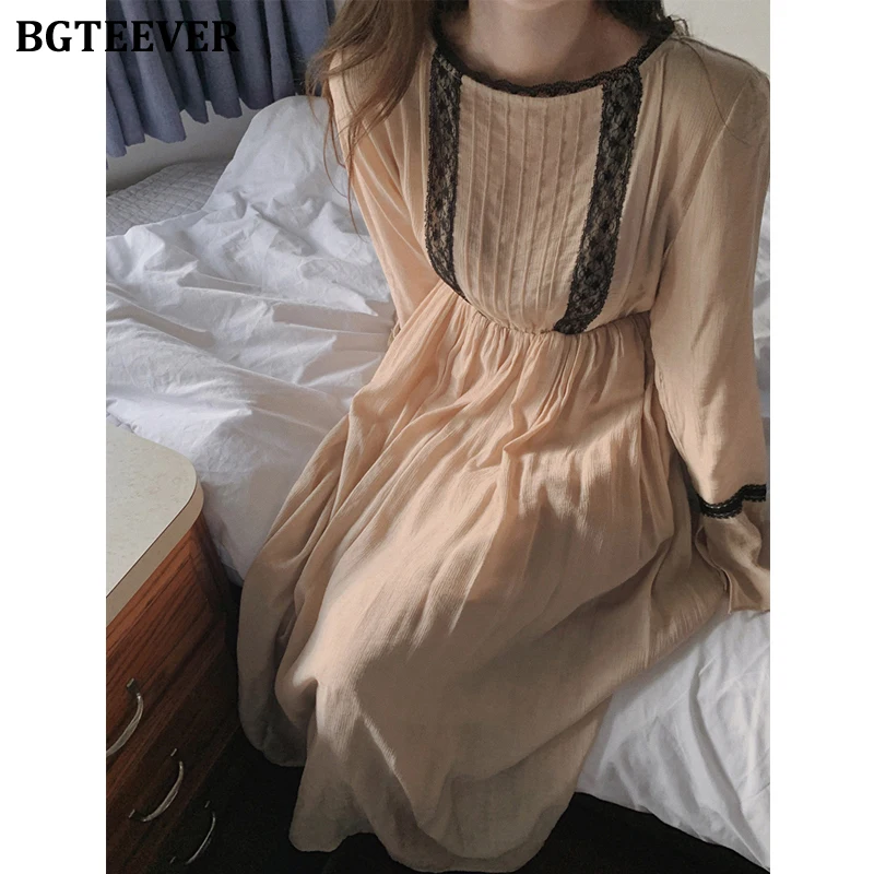 

BGTEEVER Spring O-neck Lace Patchwork Mid-Length Women Dress Casual Full Sleeve Slim Female A-line Dress Ladies Vestidos 2022