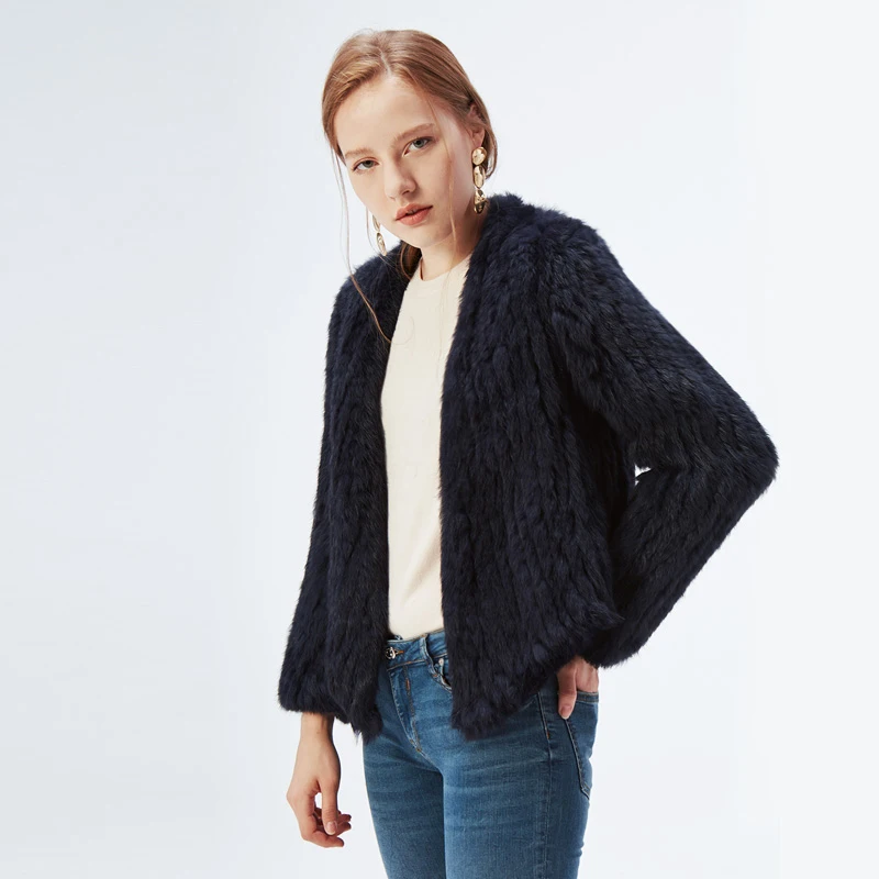 100% Real Knit Rabbit Fur Cardigan Coat Jacket Natural Hand-made Irregular Collar Garment Rabbit Fur Knitted Outerwear Vest