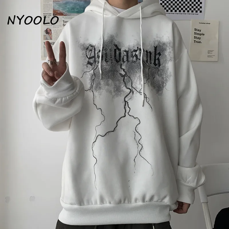 

NYOOLO Harajuku Streetwear Lightning Gothic Letters Print Long Sleeve Pullovers Hooded Sweatshirt Women Men Winter Warm Hoodies