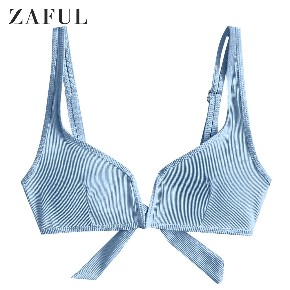 

ZAFUL Women Ribbed V-Wired Bikini Top Solid Color Wire Free Plunging Neck Bathing Suit Top Removable Padded Tops Bra Basic