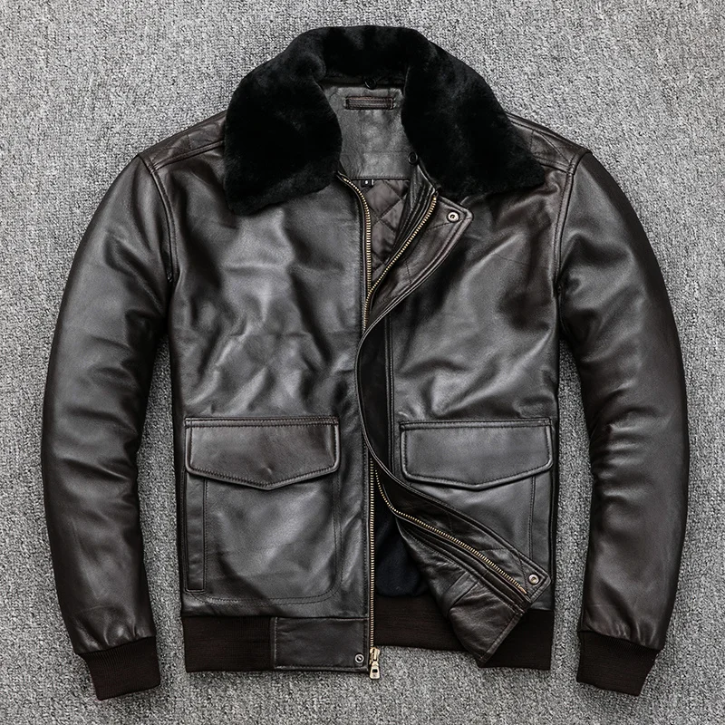 

Plus Cotton Thick Genuine Leather Jacket Men Fur Collar G1 Flight Suit Bomber Jacket Sheepskin Winter Leather Coat