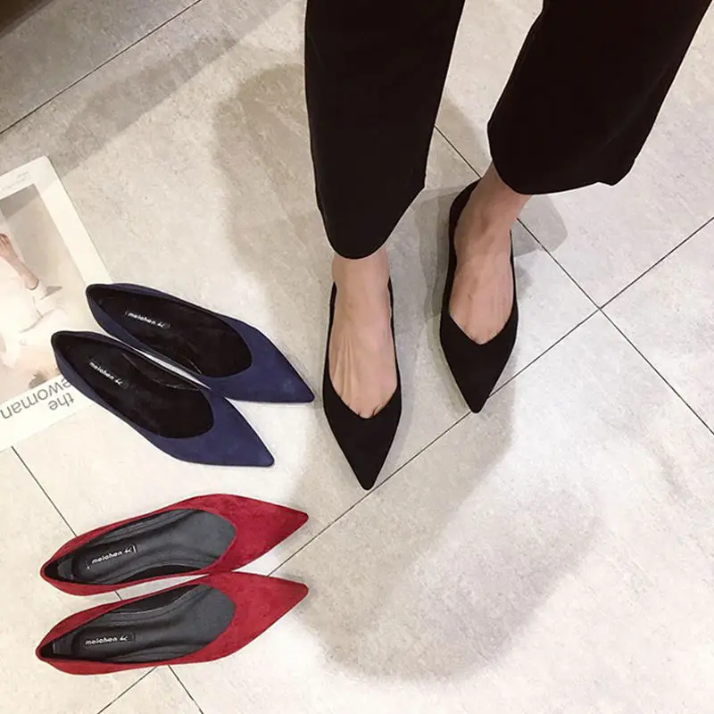 

2020 Spring Woman Flats Pointed Toe Boat Shoes Suede Slip on Flat Shoes Flat Heels Solid Ladies Shoes Women Black Red Plus Size
