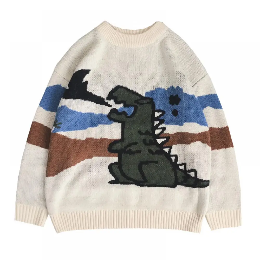 

2021Men O-Neck Loose Pullover Knitted Sweaters Women Dinosaur Print Couple Knitwear Top Oversize Casual Korean Preppy Streetwear