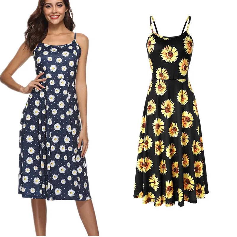 

Elegant Sunflower Sling Midi Dress Women 2020Summer Sexy Sleeveless Backless Beach SunDress Slim Leaf Lemon Flower Vestido Dress