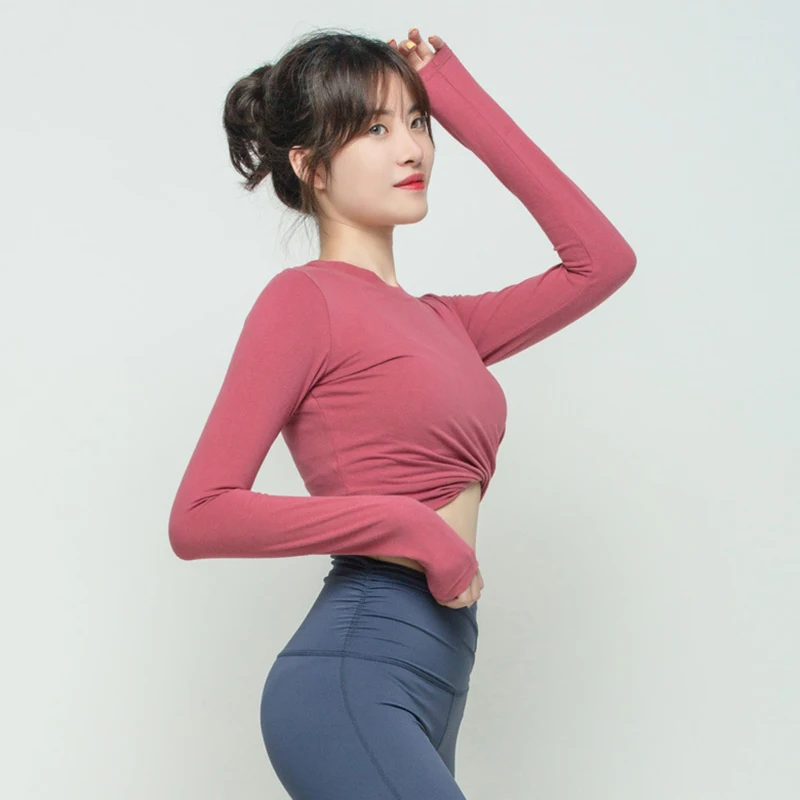 Женская одежда для бега рубашки йоги с длинным рукавом укороченный топ футболки