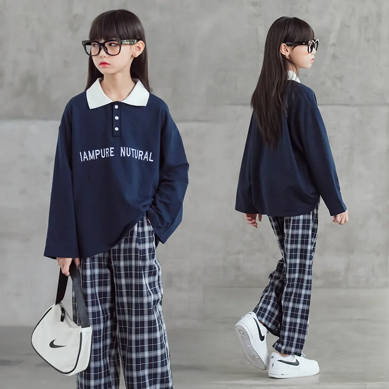 

2021 New Spring Autum Fashion Girls Polo Shirts & Pants Long Sleeved Cotton Turn Down Collar Kids Polo Shirt Tops Blue Letters