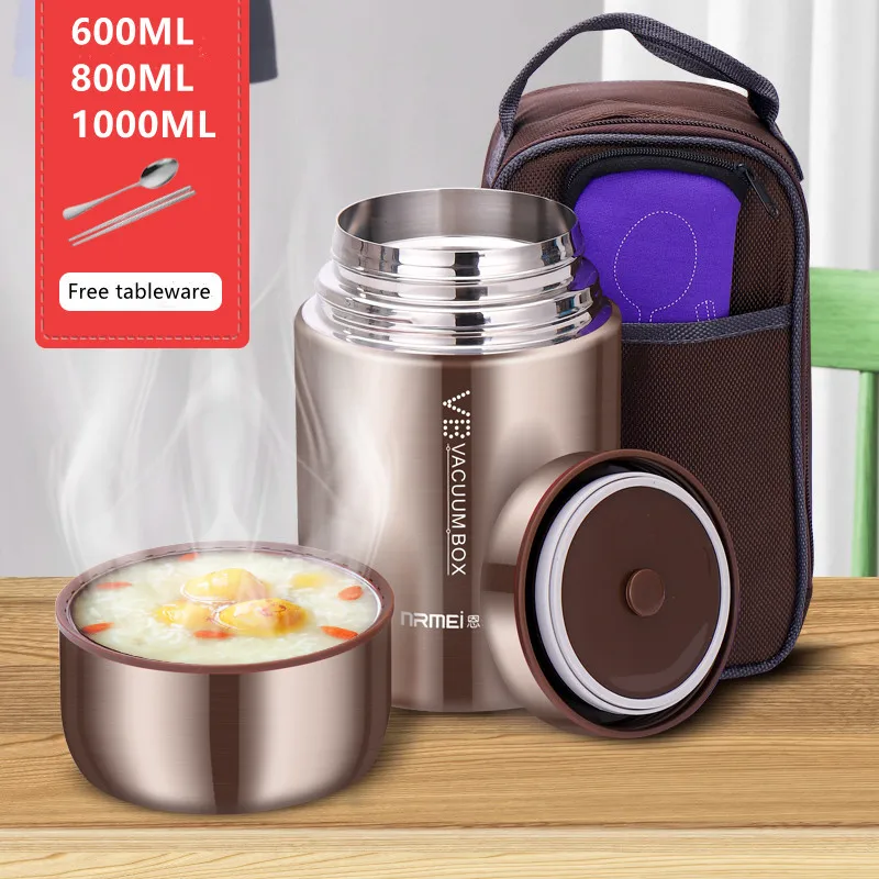 Food Thermal Jar Soup Gruel 316 Stainless Steel Vacuum Lunch Box Office Insulated Thermos Containers Spoon Bag 600/800/1000ML
