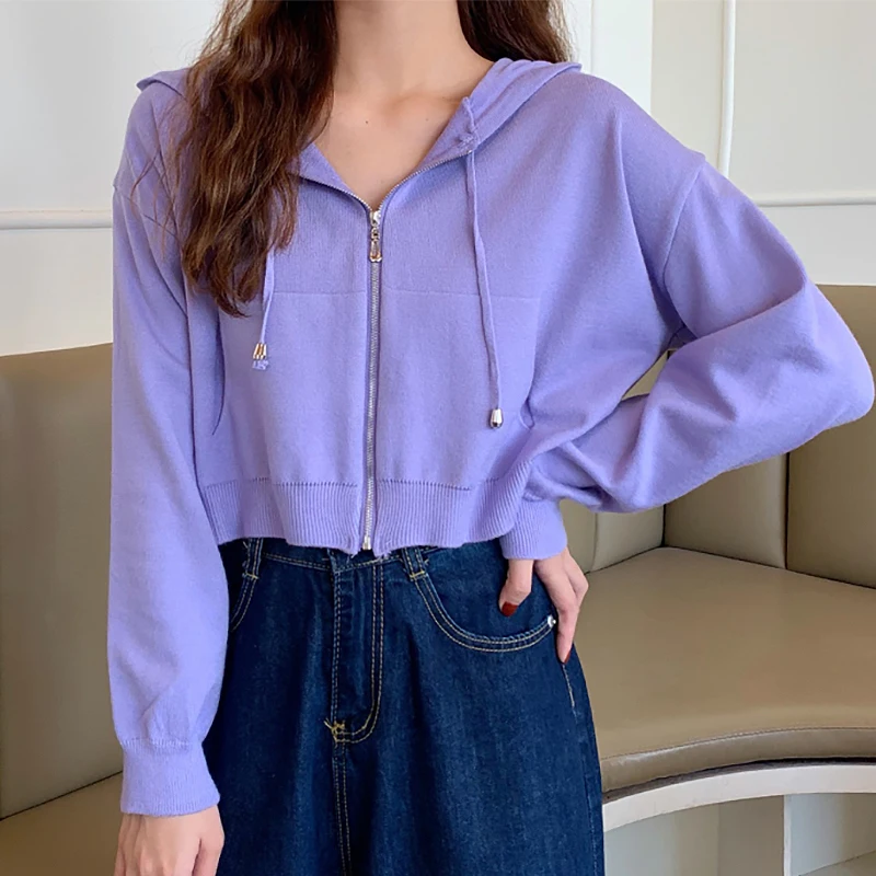 

BETHQUENOY Solid Zipper Dropped Cardigans Women Fashion Autumn Clothes Knitted Hooded Sweaters Cardigan Woman Sueters De Mujer
