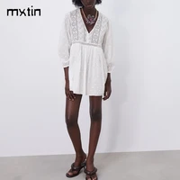 mxtin 2021 women vintage white embroidery mini dress hollow out v neck long sleeve female party dresses chic vestidos mujer