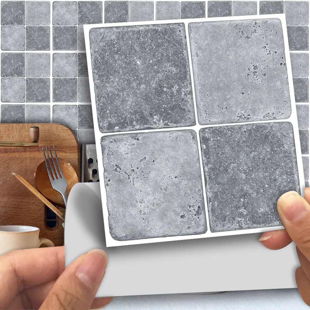 

25Pcs Mosaic Tile Stickers Transfers Kitchen Grey Antique Marble Effect Self-adhesive Wall Decor 10x10cm/15x15cm