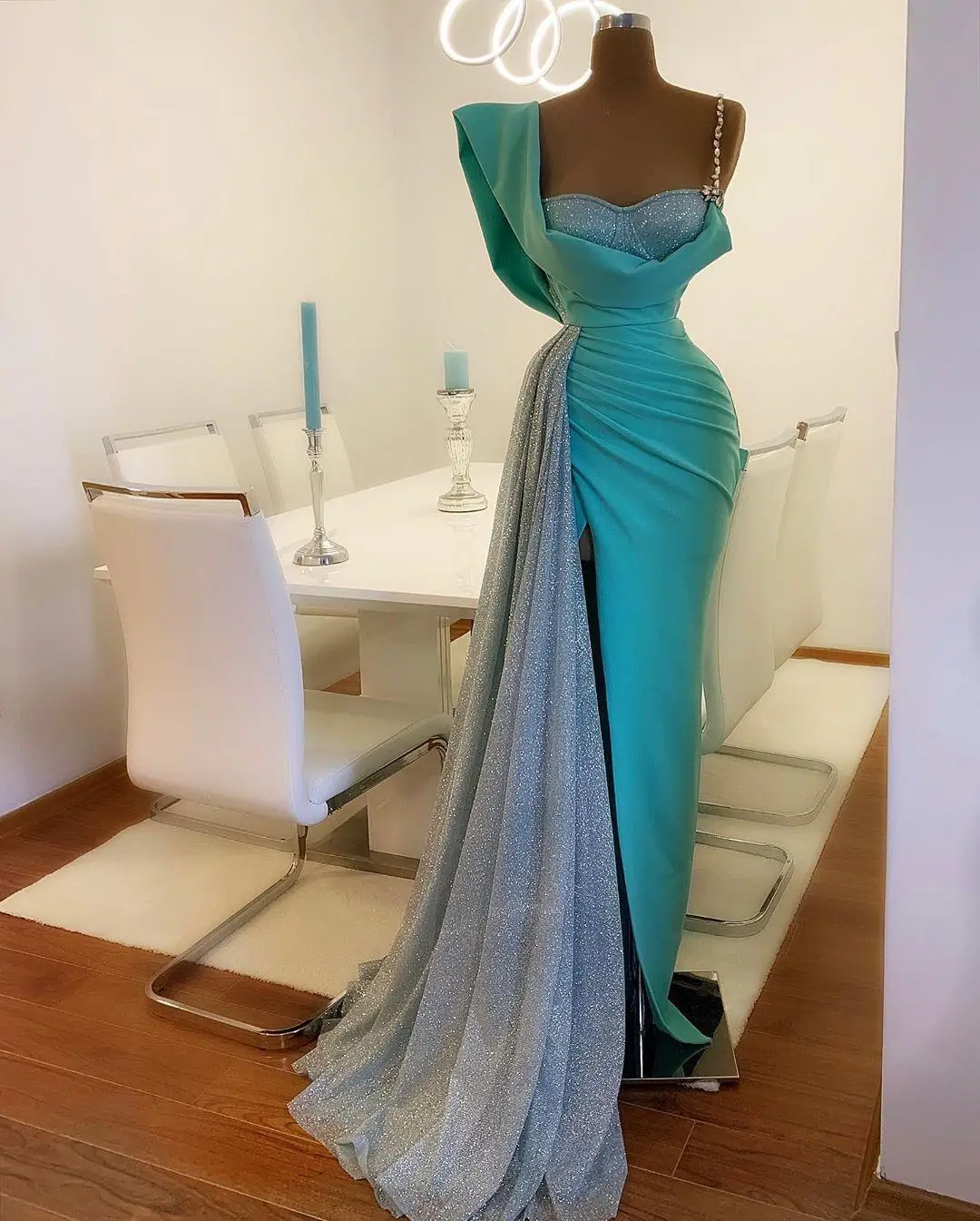 

Blue Mermaid Prom Dresses With High Side Split Glitter Satin Real Image Sweep Train robe de soirée de mariage 2021Evening Dress