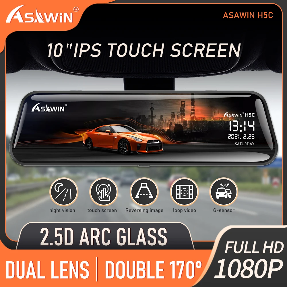 $83.88 Asawin H5C 1080P 10 Inch Mirror Dashcam  Dual Lens Car DVR Touch IPS RearView  Car Camera  Video Recorder Support Rear View Lens