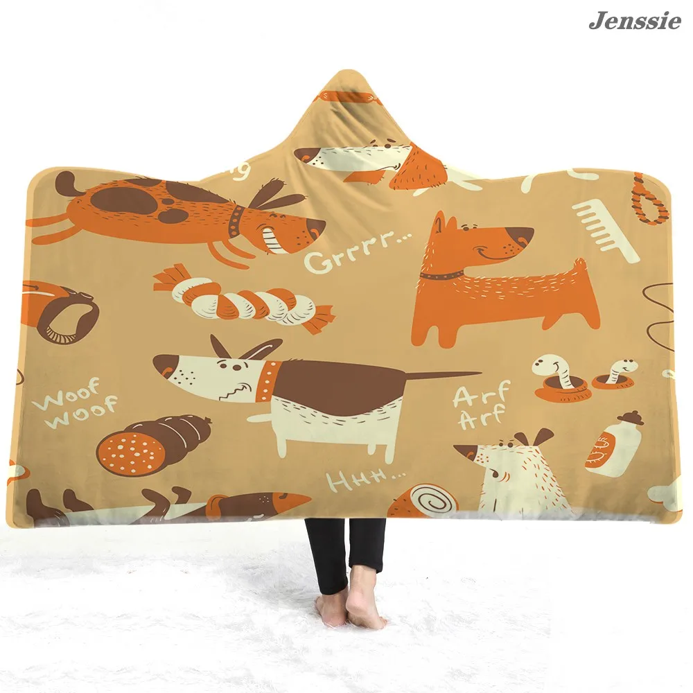 

Cartoon Pet Cats Dogs Hooded Blanket Full Screen Funny Dachshund Hoodie Blanket Travel Camping Microfiber 150x200cm Blanket