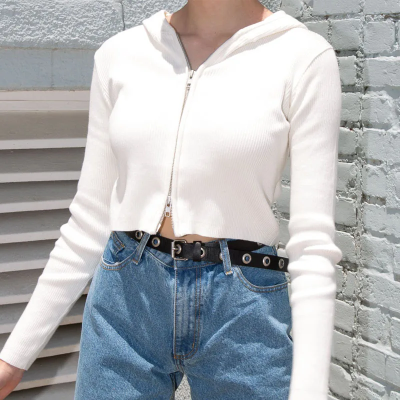 

Women Cardigan Fashion Sexy Long Sleeve Hooded Open Front Zip-up Ribbed Knitted Short Sweater Slim Crop Top High Elasticity Chic