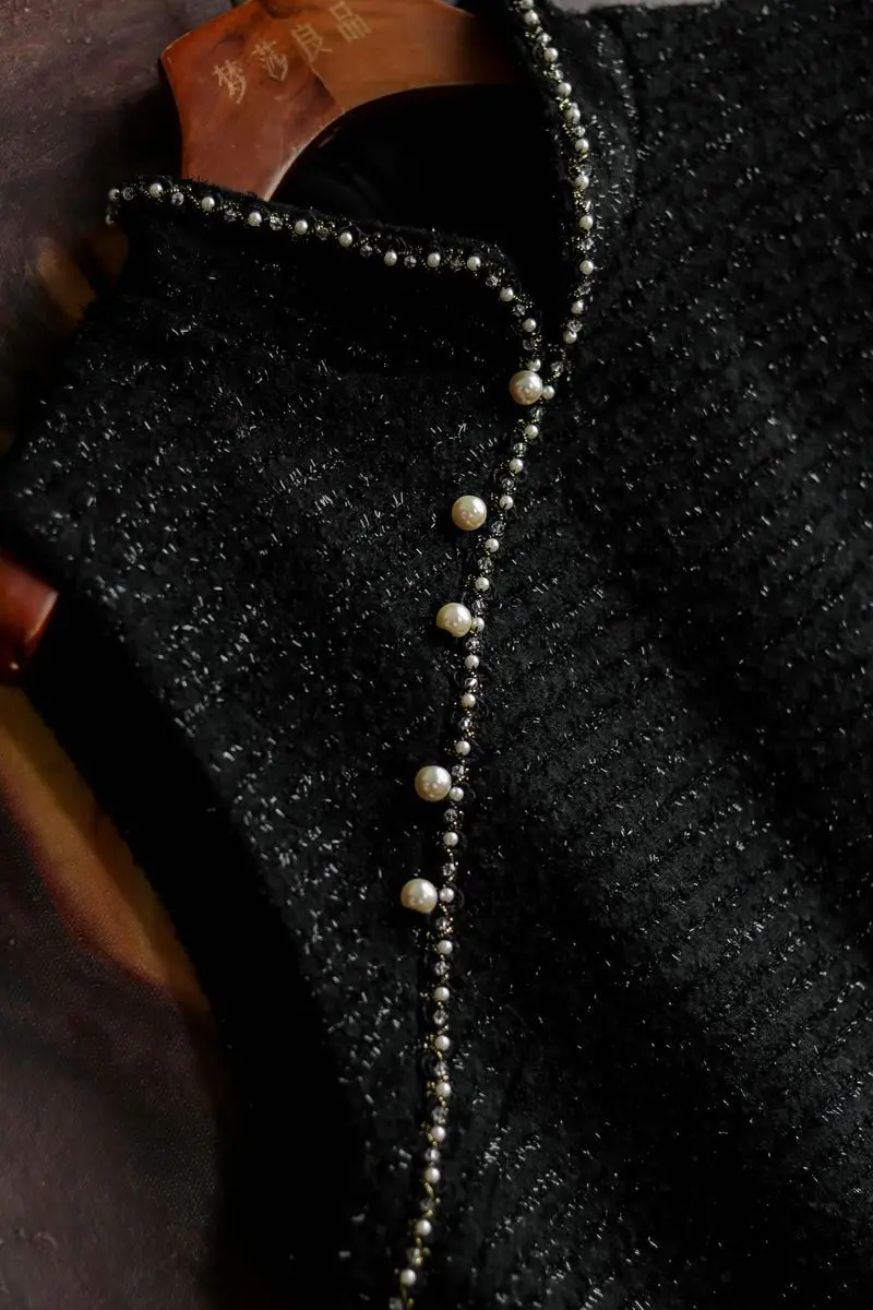 

Chinese Pearl Cheongsam Collar Bright Silk Tweed Vest Skirt 2020 New Temperament Dress