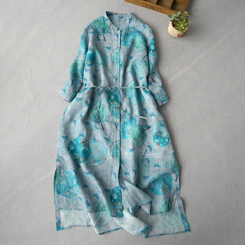 

Spring Summer New Women Casual Loose Plus Size Chinese Style Print Mori Girls Comfortable Water Washed Thin Ramie Shirt Dresses