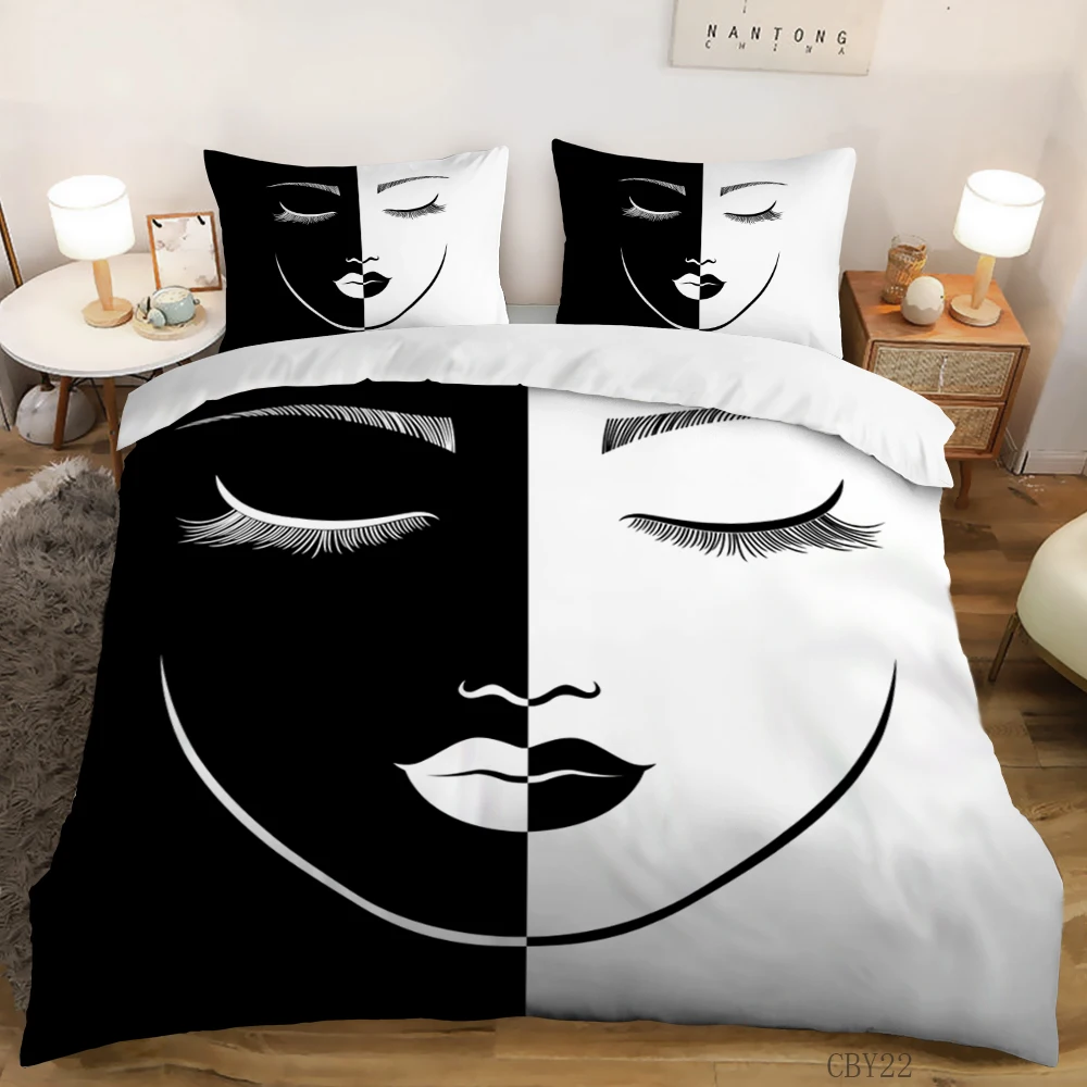 

3D black and white simple portrait Bedding Set extra large household textile quilt cover pillow case for both boys and girls