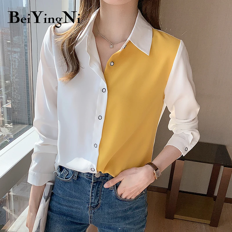 

Beiyingni New Fashion Spring Autumn Korean Spell Color Long Sleeve Shirts Womens Single-breasted Casual Tops Female Simple Blusa